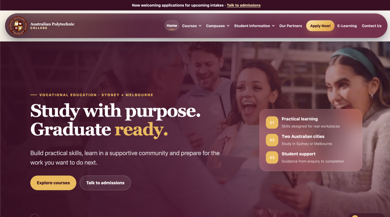 Website preview of Australian Polytechnic College
